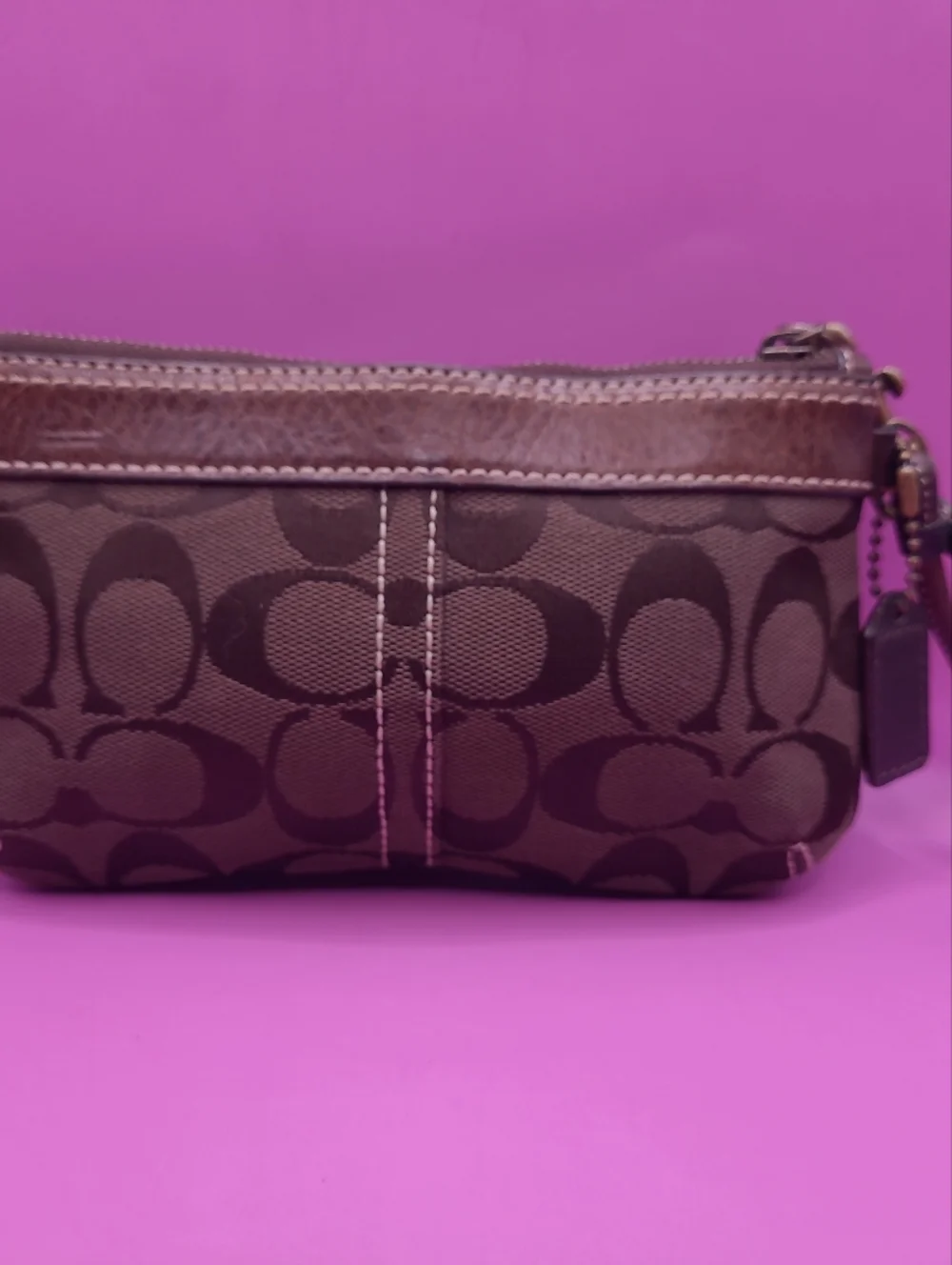 RARE Vintage Coach Soho Signature C Choco Brown Leather Trim Purse Bag Wristlet - Picture 7 of 13